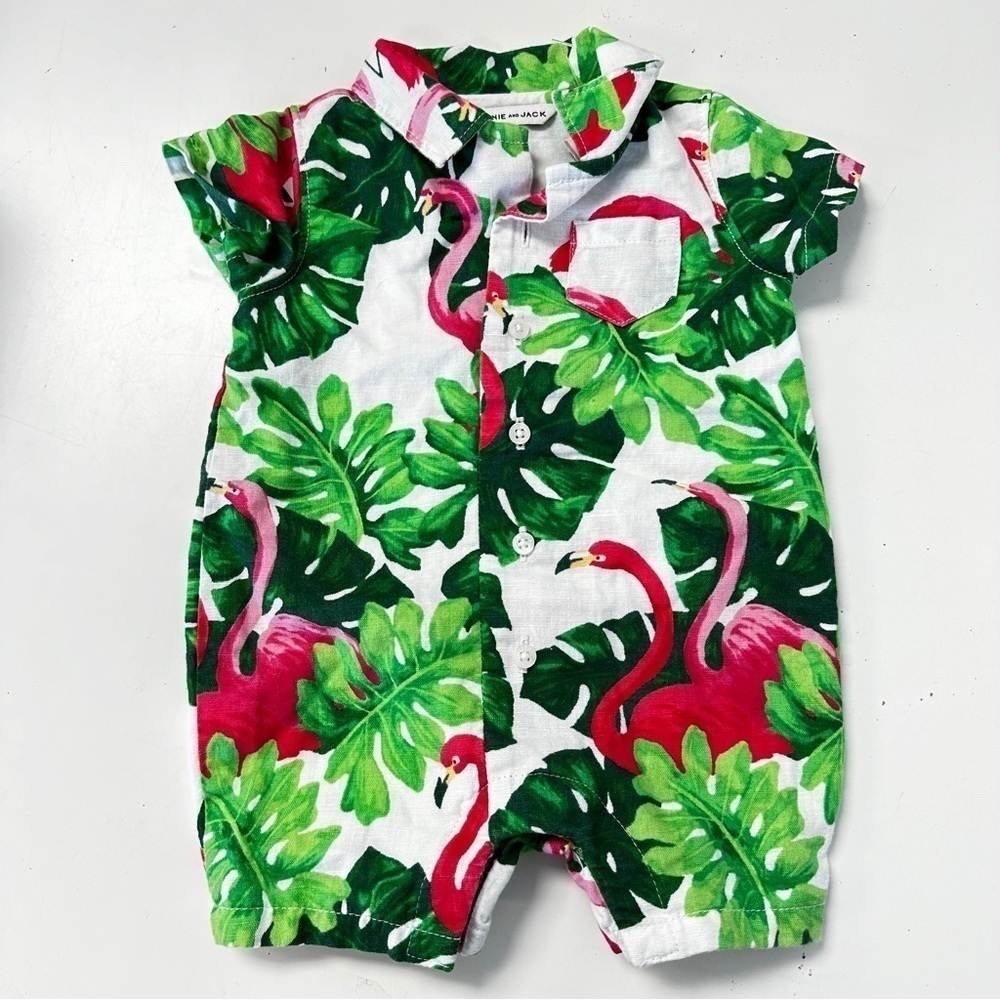 Janie & Jack Baby Tropical Flamingo Linen Romper 0-3M 🦩
